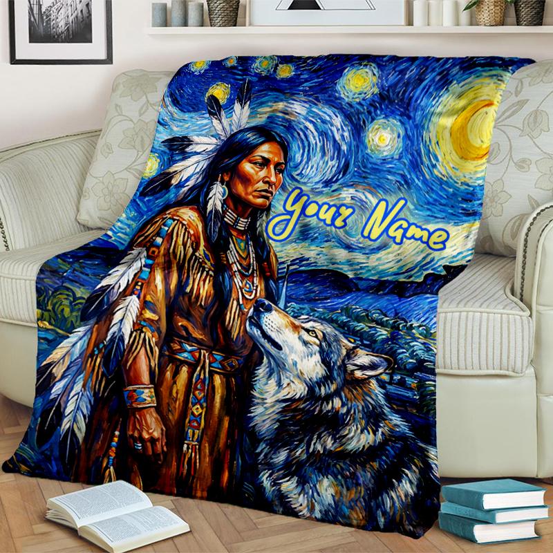 1PC Custom Name Native American Wolf Night Flannel Blanket Versatile,all-season Throw Suitable for the Living Room,bedroom,camping,travel,and Gift