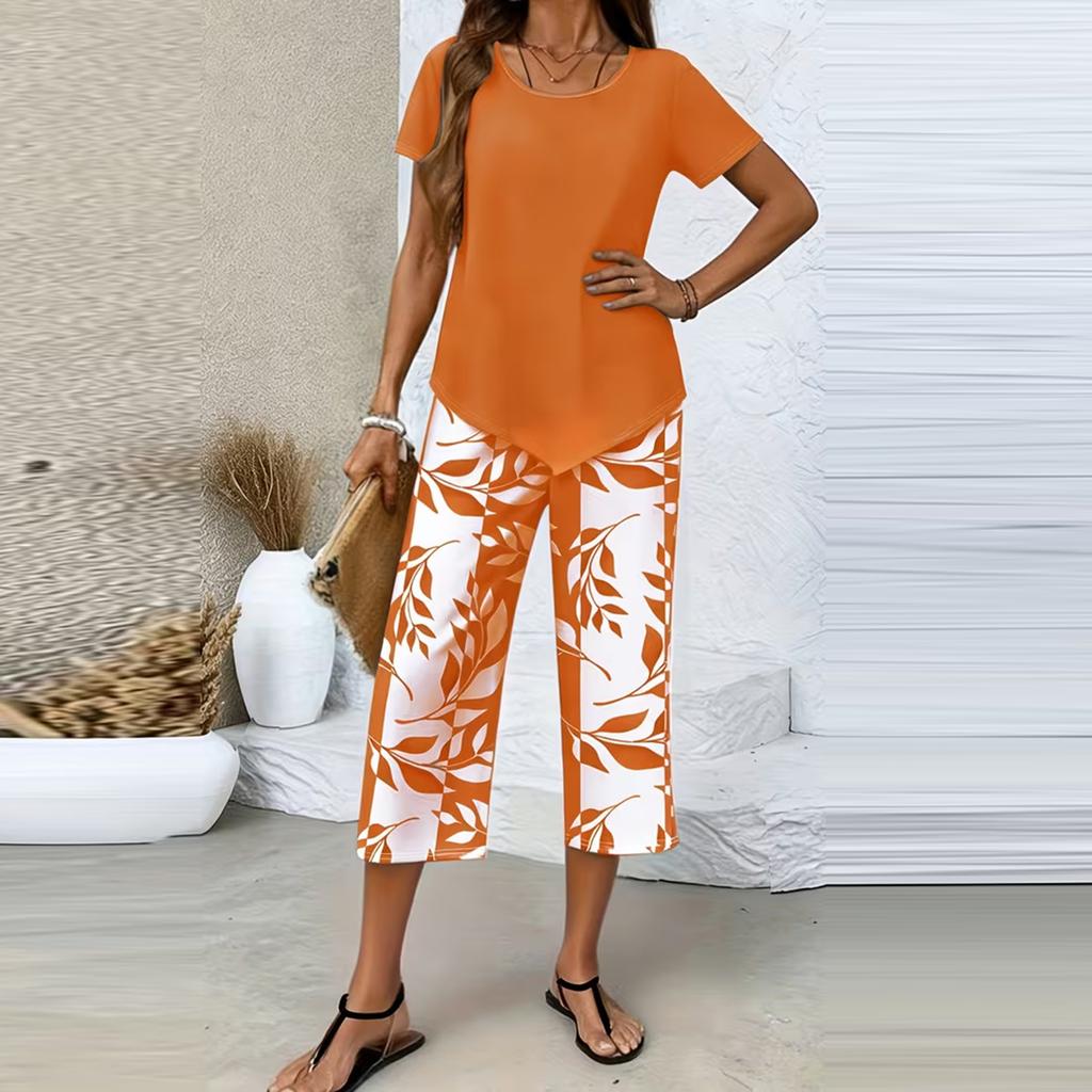Damen Freizeit Zweiteiler Set Kurzarm Oberteil mit Hoher Taille Weiter Bein Bedruckte Hose Leichte Loungewear Sommer Outfit