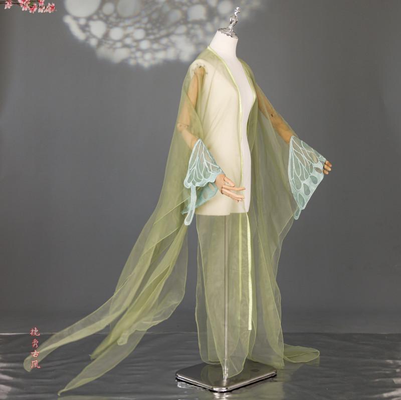 Sheer Tulle Long Cape With Butterfly Lace Cuffs Open Front Flowy Wrap Shawl For Hanfu Cosplay Wedding Photoshoot Outfit