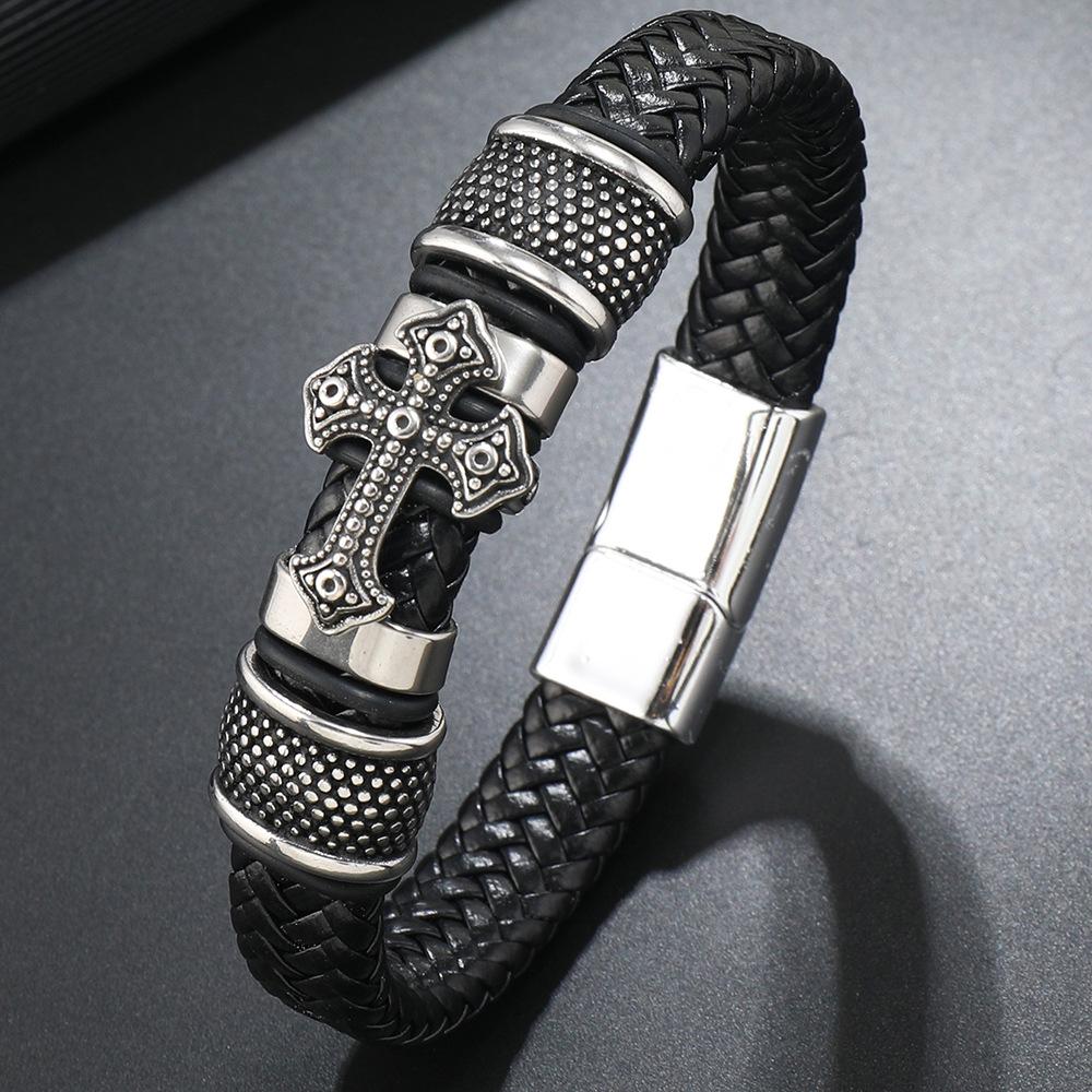 

Mens Braided Leather Bracelet Punk Minimalist Cross Magnetic Clasp Wristband Accessory