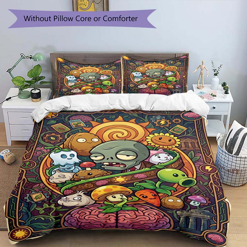 3pcs Duvet Cover Set (1*Duvet Cover + 2*Pillowcase, Without Core), Plants VS Zombies Print Bedding Set, Bedroom Decor, All‑Season, Birthday Gift