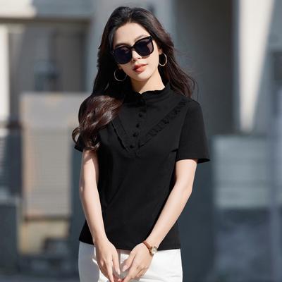 Sommer Damen Stehkragen Spitze Baumwolle Slim Dünn Kurzarm Vielseitig Temperament T-Shirt