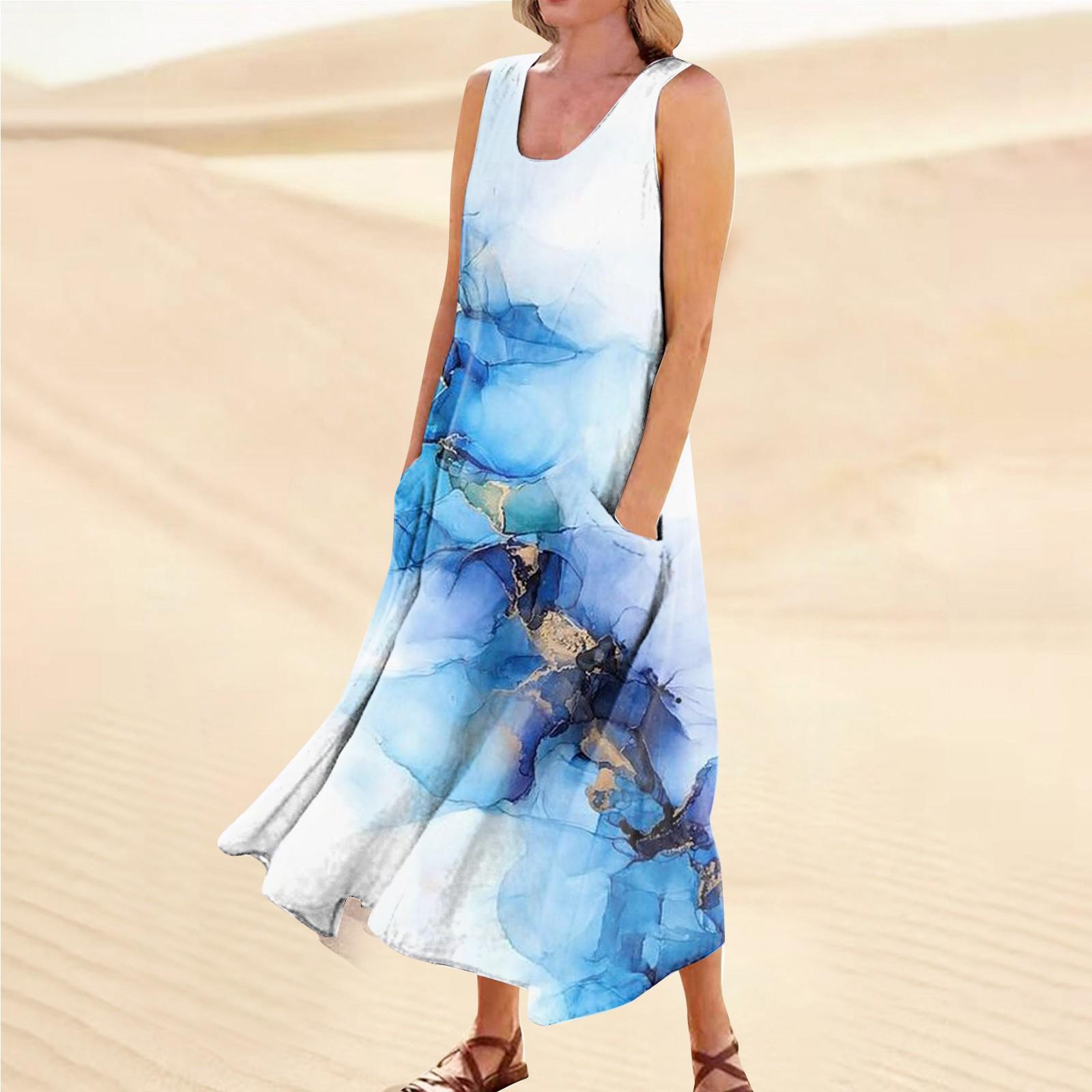 

Жіноча літня повсякденна модна сукня без рукавів із круглим вирізом і кишенями з принтом XXXXL білий