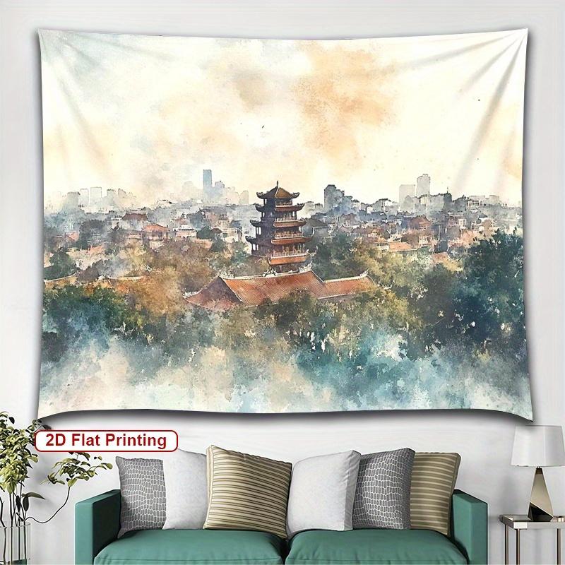 Chinese Pagoda Watercolor Tapestry Traditional Asian Cityscape Design Soft Pastel Wall Hangingfor Bedroom or Dorm Decor 74x94cm(29x37in)