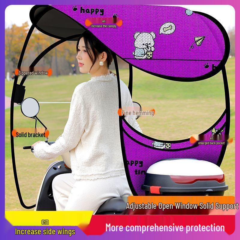 Detachable Electric Car & Motorcycle Umbrella: Rainproof & Windproof Sunshade Canopy with Quick Release, Cartoon Design