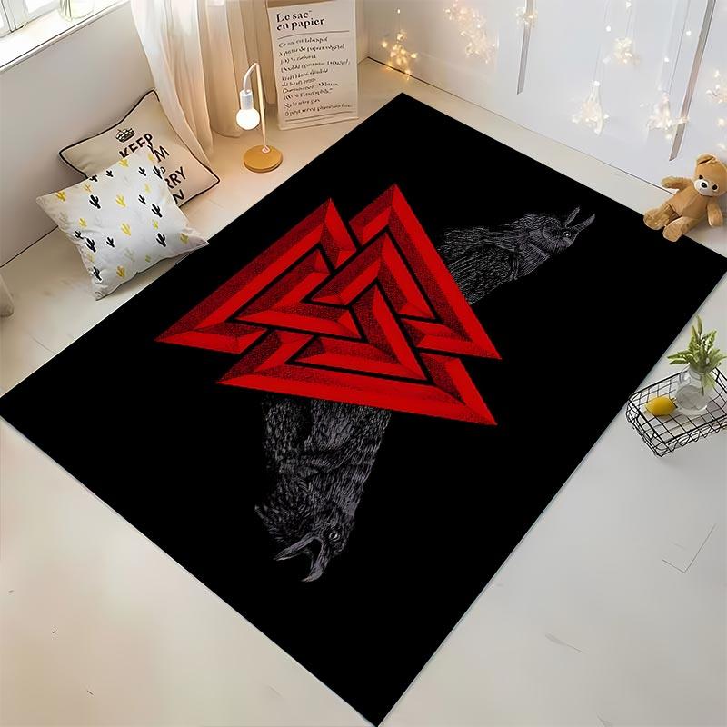 Red Geometric Pattern Black Carpet with Raven Design for Living Room Suitable for use as an anti-slip for living room bedroom sofas