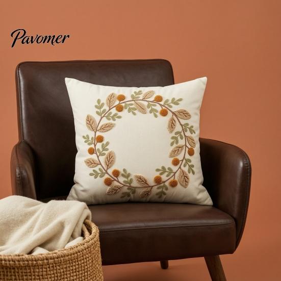 Thanksgiving Throw Pillow Covers Autumn Wreath Cushion Cover, Leaf Embroidery Autumnal Bedroom Accent Cover Case for Sofa Couch Farmhouse Home Decor,