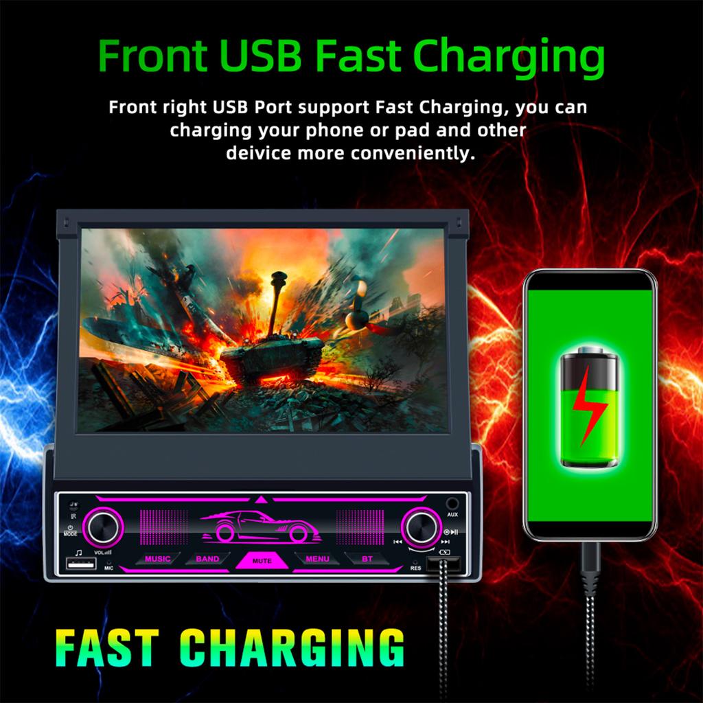 7 Zoll HD Wireless Android Auto CarPlay 1Din Video Multimedia Android MP5 Player Versenkbarer Bildschirm Spiegel Link Auto BT/FM/USB/AUX