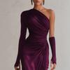 New European and American Style Purple Pleated Long-sleeved Shoulder Dress Women's Slim Temperament Dress Dress