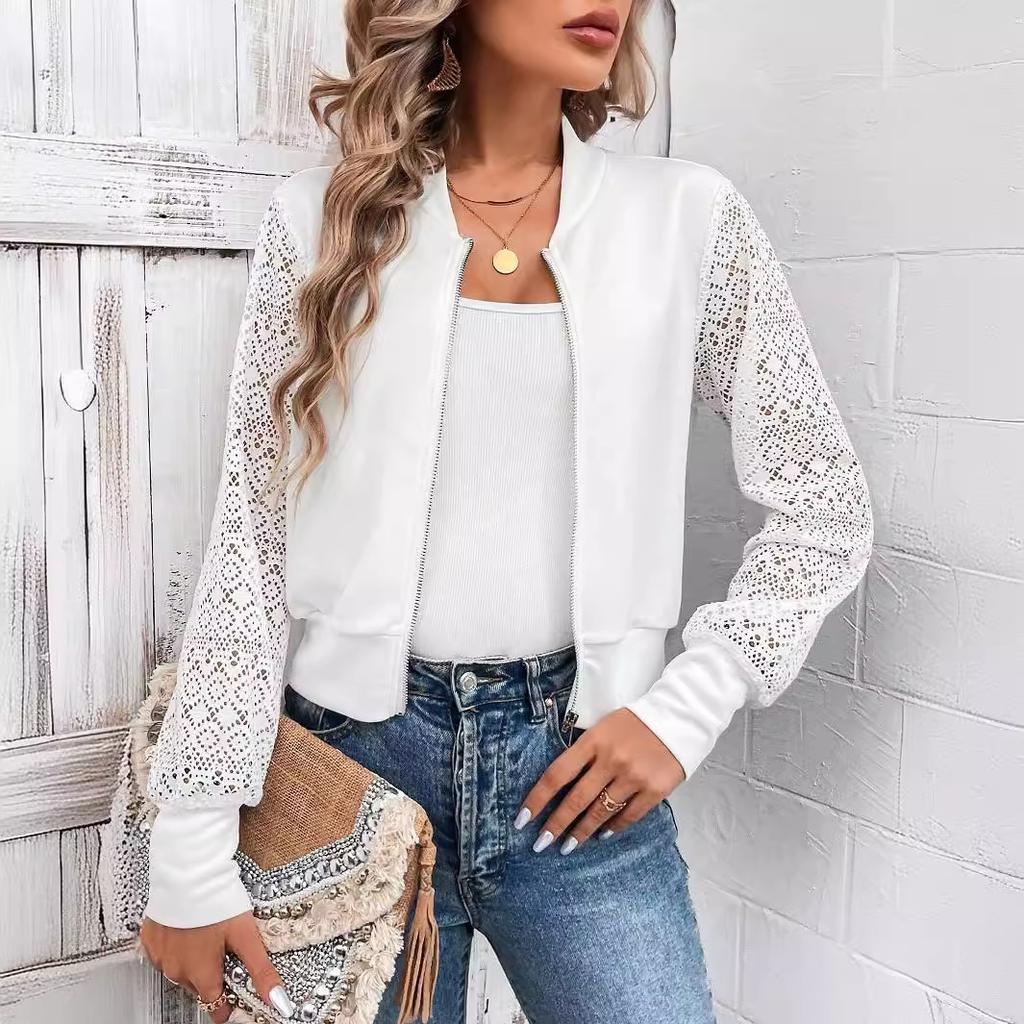 Herbst und Winter Damen Elegante Spitze Patchwork Aushöhlen Lässige Baseballjacke
