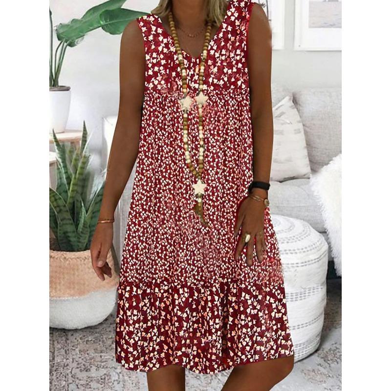 Summer Women's V-Neck Small Floral Printed Sleeveless Dresses