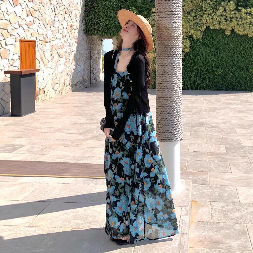 Blue Floral Strappy Chiffon Dress - Women's 2026 Summer Elegant Beach Style