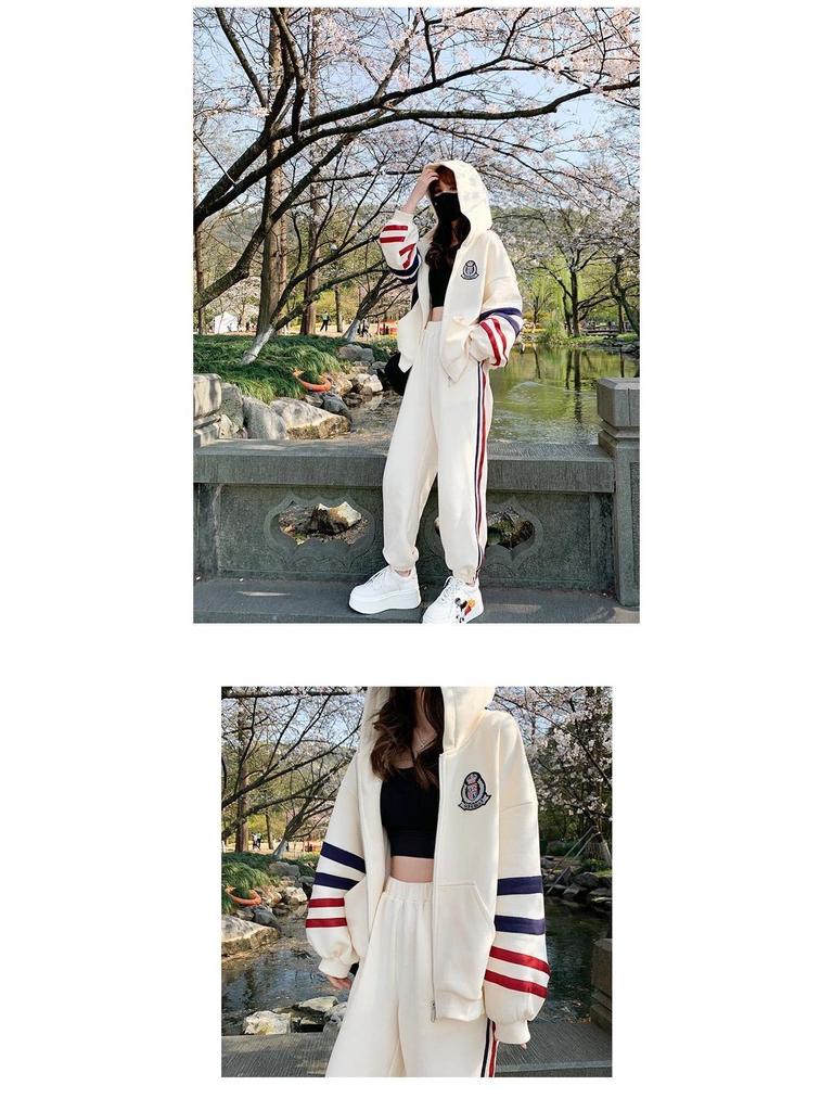 Women's Striped Sweater Jacket and Leggings Set - Trendy Two-Piece Sports Suit for Spring and Autumn