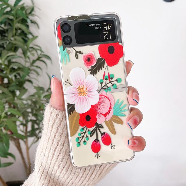 For Samsung Galaxy Z Flip 4 3 Case Vintage Flowers Painted Transparent Shockproof Hard Back Cover For Samsung Zflip4 Zflip3 Case