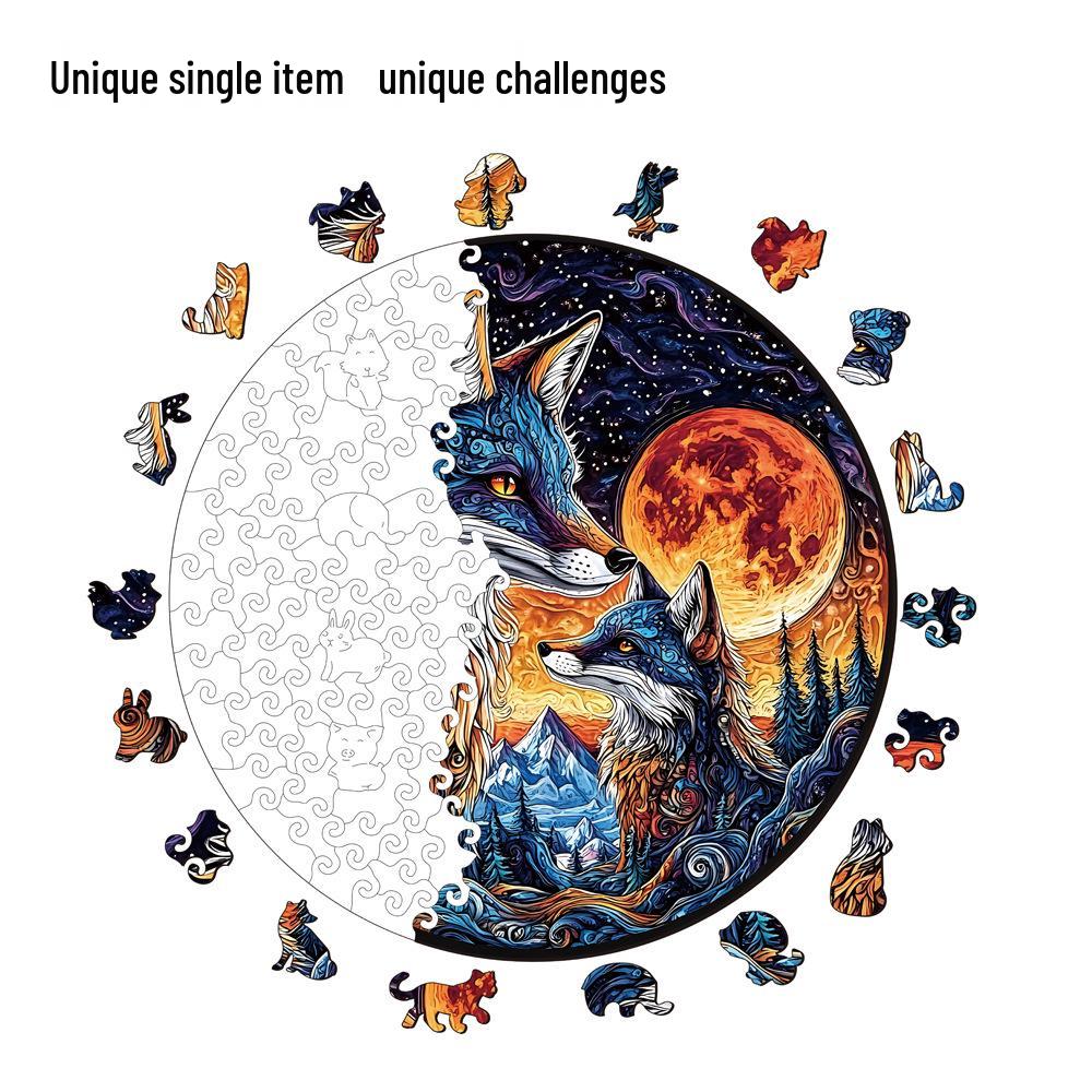 Wolf Pack Round Wooden Puzzle: Educational Irregular Shape Toy, Decorative Painting, Decompression Puzzle, and Money Box Gift.