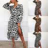 Women Leopard Print V Neck High Waist Irregular Long Sleeve Casual Dress