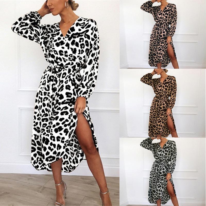 Women Leopard Print V Neck High Waist Irregular Long Sleeve Casual Dress