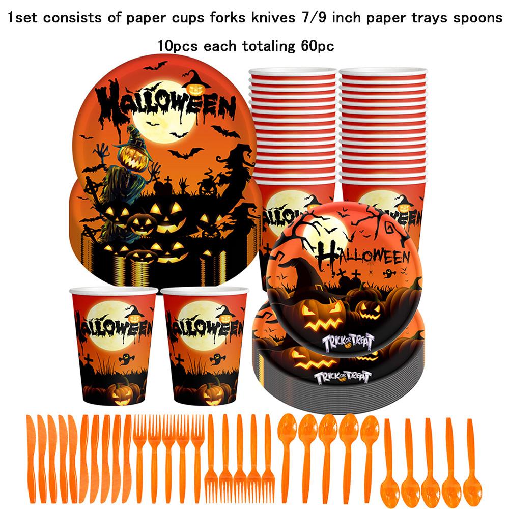 1/2set Disposable Tableware Halloween Theme Party Birthday Decorations Paper Cup Fork Knife 7/9 Inch Paper Tray Spoon Each 10pcs