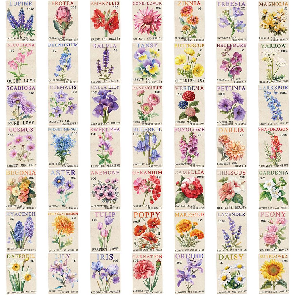 50 Cartoon Retro Stamps Flower Doodle Stickers Decorative Guitar Notebook Suitcase DIY Waterproof