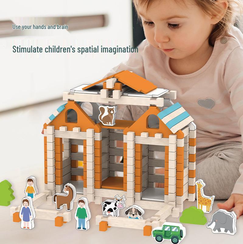 Children's Wooden Building Blocks - Mortise and Tenon Assembly, Large Particle House Toy