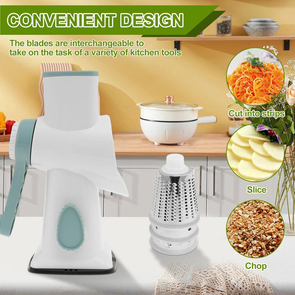 Rotary Cheese Grater with Handle Manual Rotary Cheese Grater Shredder with 3 Replaceable Stainless Steel Drum Blades and Suction