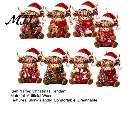 Flat Wood Xmas Decorations Highland Cow Christmas Ornament Set, 2D Wooden Cute Gift Items Hanging Decor with String, Holiday Tree Party Decoration