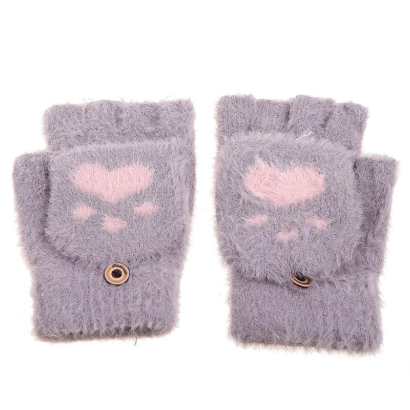 Cartoon Plush Cats Paw Fingerless Mittens with Flip Top Winter Knitted Gloves Stretchy Soft Mitten Elastic Warm Mitte