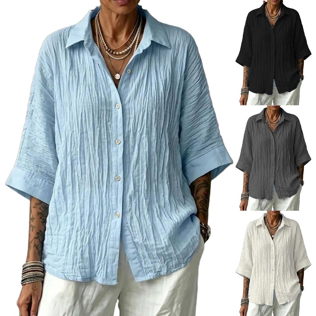 Women's Cotton Linen Loose Fit Color Single Breasted Casual Button Down Shirt for Commute