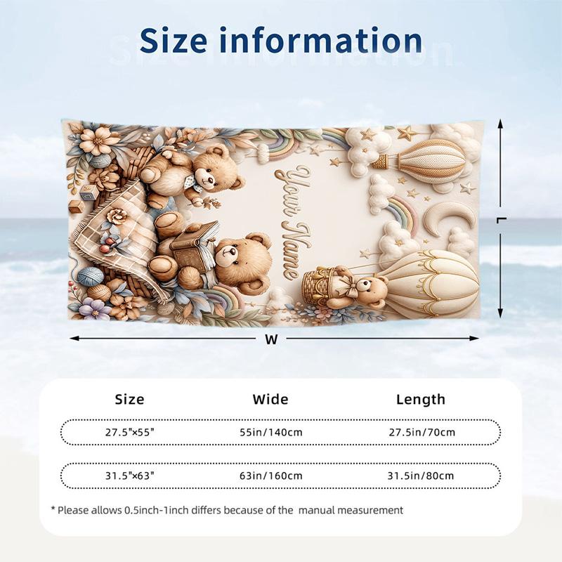 Teddy Bear Theme Beach Towel Personalized Custom Name & Text Soft Quick Dry Beach Towel for Swimming Travel