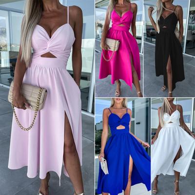Damen Urlaubs-Kleid Tiefer V-Ausschnitt Spaghetti-Träger Ausgeschnitten Rückenfrei Ärmellos