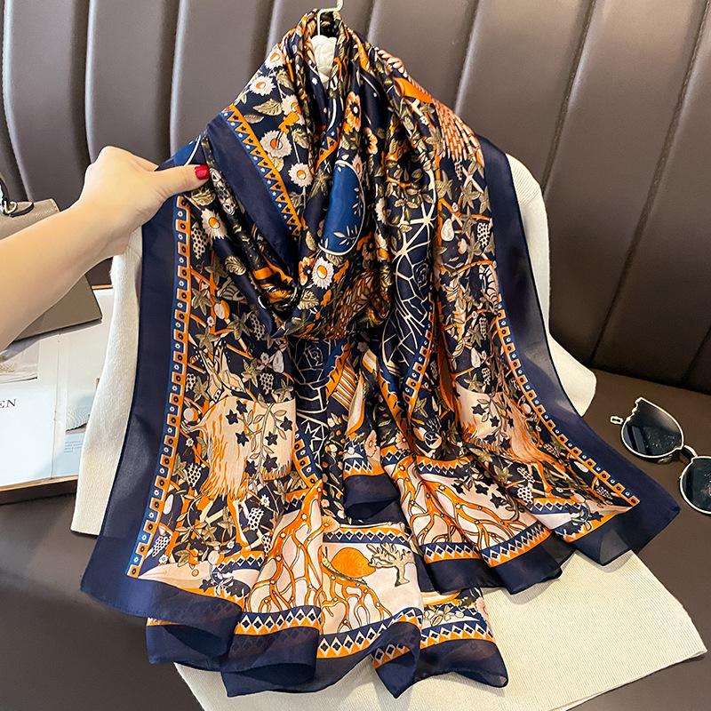 Painting Floral Design 100% Silk Feeling Scarf For Women 180X90Cm Shawl Wraps Luxury Female Hijab Headband Foulard Beach Stoles