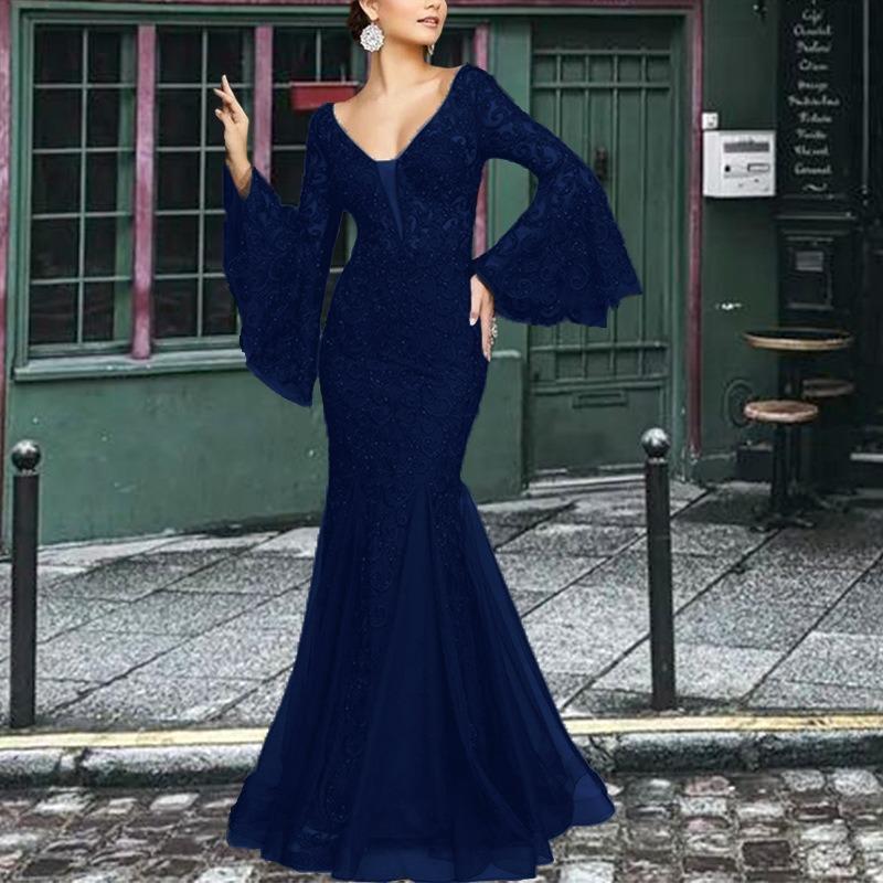 New Women's Lace Embroidered Fishtail Slim Evening Dress