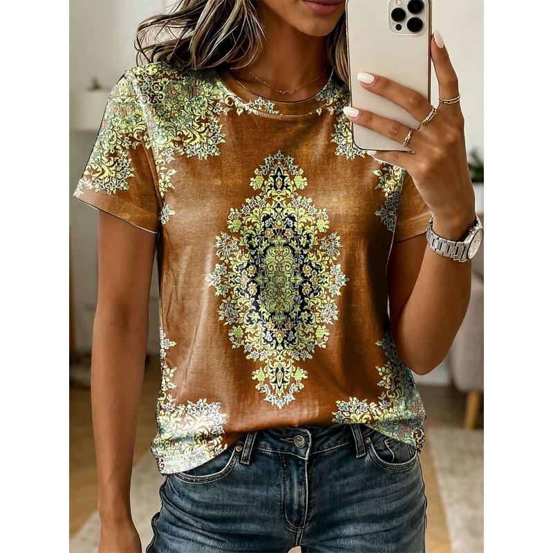 Women's T Shirt Print Graphic Paisley Vintage Stylish Classic Short Sleeve Crew Neck Regular Tops Summer Spring