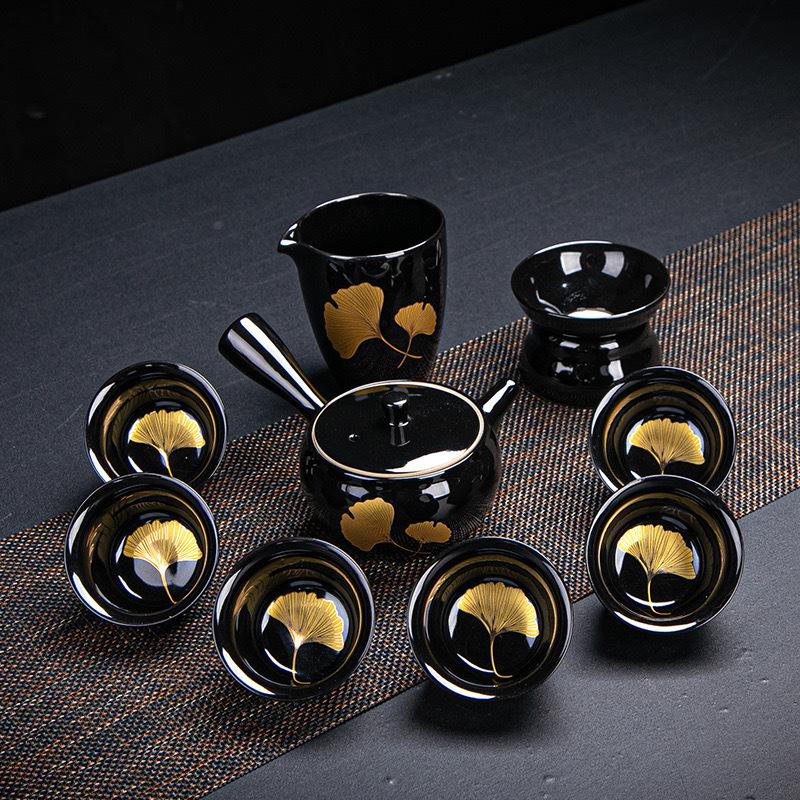 

New Wood Leaf Cup Black Pottery Tea Set Bodhi Leaf Kung Fu Tea Set Teapot Tea Cup Set Gift Box