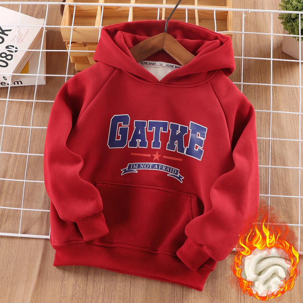 Childrens Velvet Hooded Sweater Letter Print Casual Warm Autumn Winter Kids Clothes