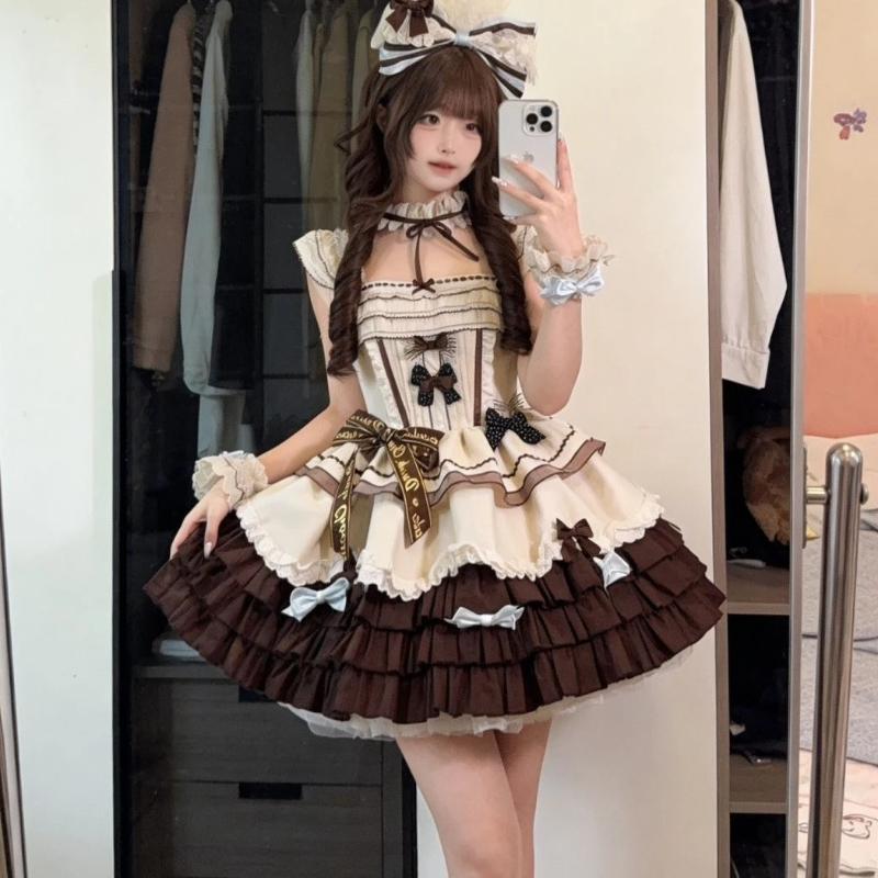 Słodki Japoński Uroczy Zestaw Sukienek JK Damski Uroczy Bezrękawnik z Kokardką Spódnica Warstwowa Szycie Harajuku Impreza Lolita Strój Letni