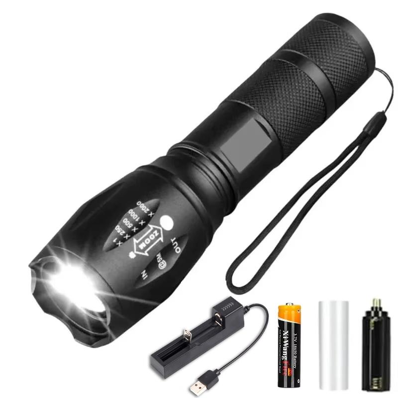 High Power T6 LED Flashlights Camping Torch 5 Light Modes Zoom Light Aluminum Alloys Waterproof Material External 18650 Battery