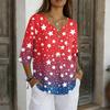 Women's Casual V-Neck Button Three-Quarter Sleeve Fourth of Print Pullover T-Shirt