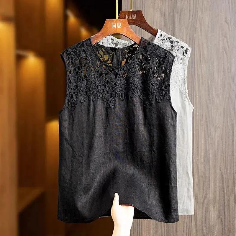 Hollow Lace Patchwork Round Neck Vest for Women's Summer New Style, Fat MM Sleeveless Loose and Slimming Top