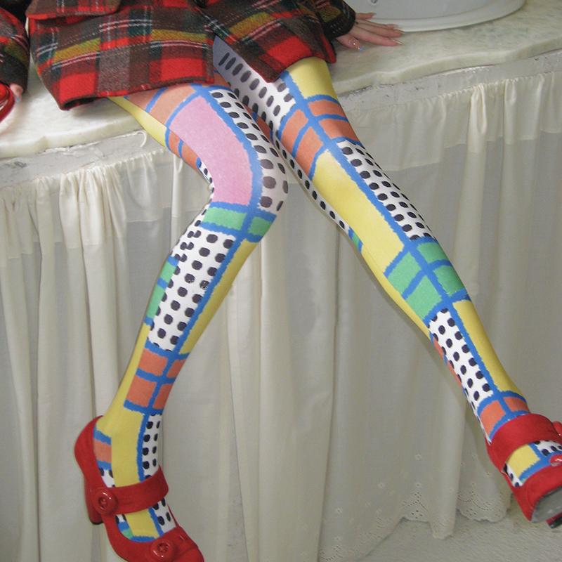 Colorblocked Plaid Print Tights Women With Millennial Y2K Trendy Polka Dot Pantyhose 2026 Spring Underwear Stocking