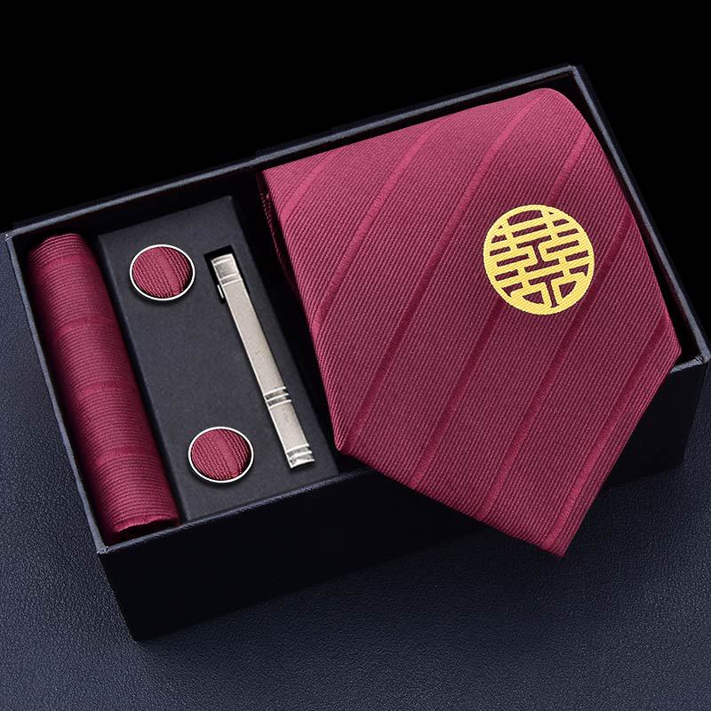 Gift Box Men'S Tie Square Scarf Cufflinks Tie Clip Five-Piece Set, Formal Business Blue Stripes