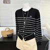 Autumn Round-neck Long-sleeved Striped Letter-embroidered Thin Knitted Cardigan for Women