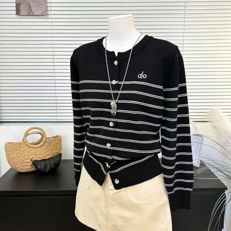 Autumn Round-neck Long-sleeved Striped Letter-embroidered Thin Knitted Cardigan for Women
