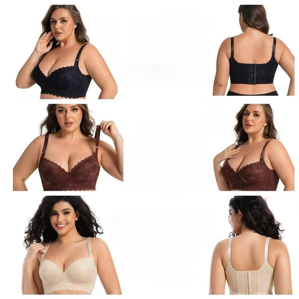 Large Size Thin Cup Lace Underwear for Women with Side Breast Adjustment and Underwire Bra