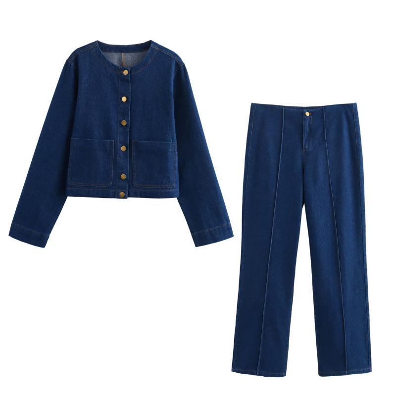 

European & American Retro High Street Women s Denim Jacket & Straight-Leg Pants Set XS