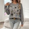 Women S Crew Neck Long Sleeve Knit Sweater With Flower Embroidery