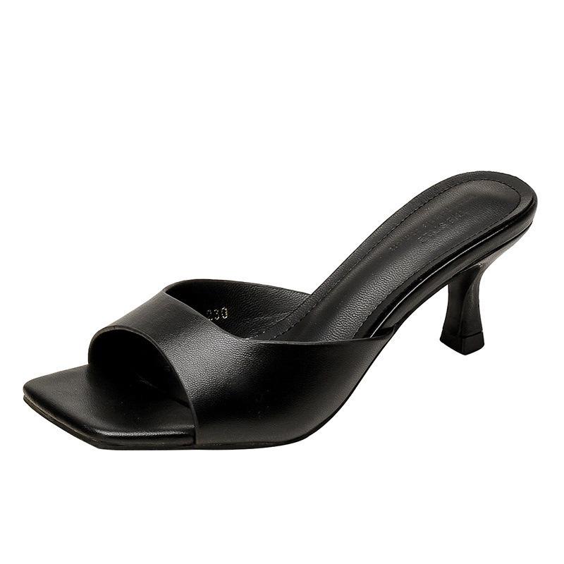 Leather stiletto high heels for women, summer fashion cowhide round head high-heeled slippers