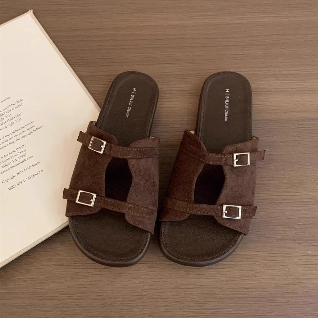 Korean Version of Silver Slippers Women's Summer Wear New French Retro One-word Sandals Holiday Seaside Beach Flat Sandals