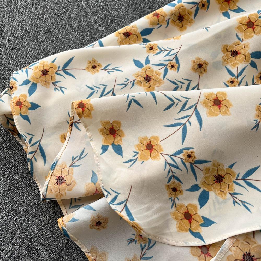 Blumenkleider Damen Sommer Französische Eustoma Ein Schulter Kurze Ärmel Teepause Schlitz Knielang Kleid