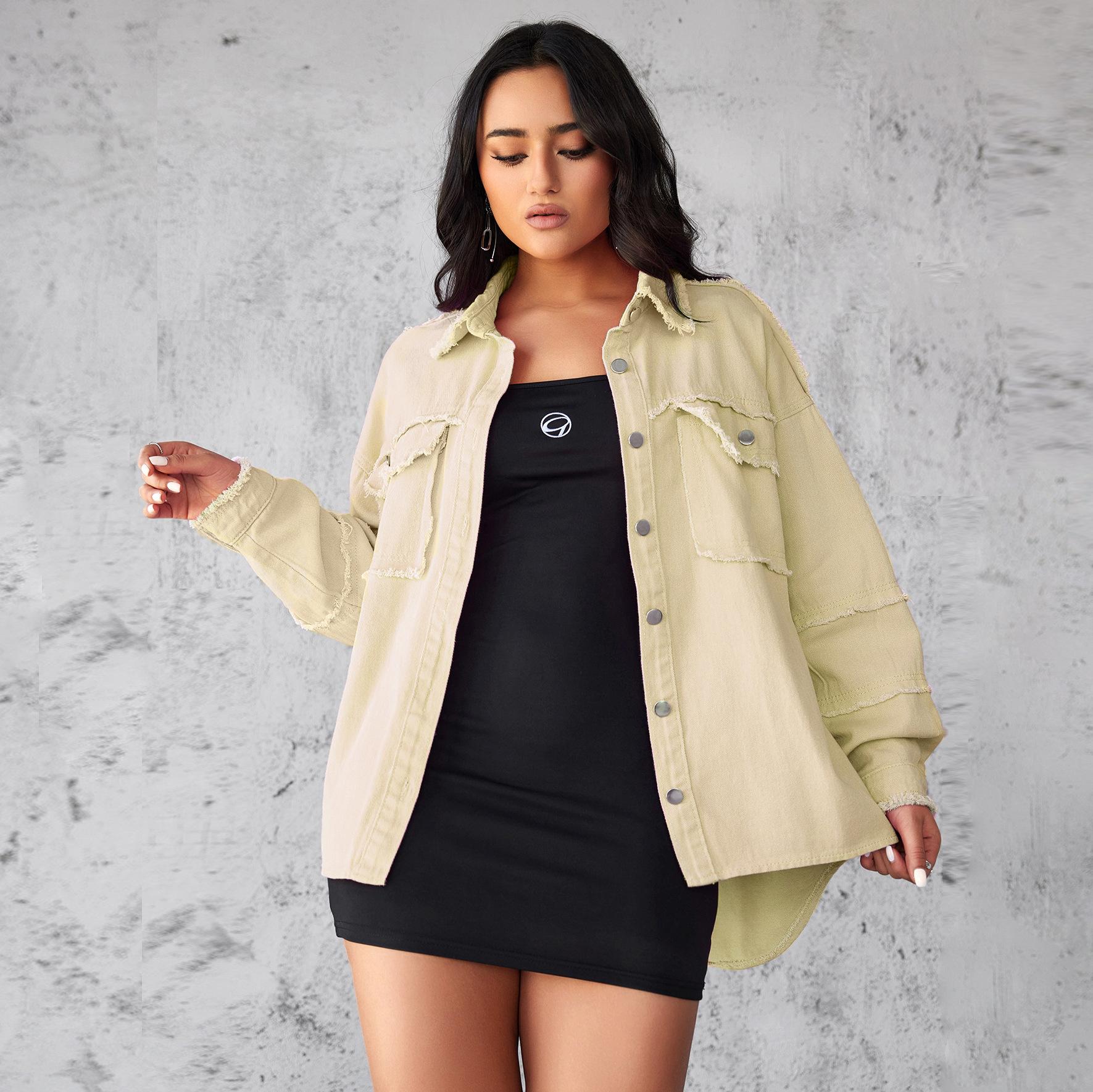 

Весняно-осіння жіноча джинсова куртка великого розміру Повсякденна вільна однотонна куртка-сорочка 2XL хакі